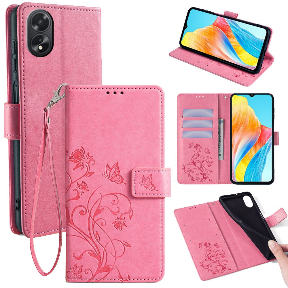 Oppo A38 4G / A18 4G-mobilskal med præget sommerfugleblomst, læder, flipdesign og håndledsrem
