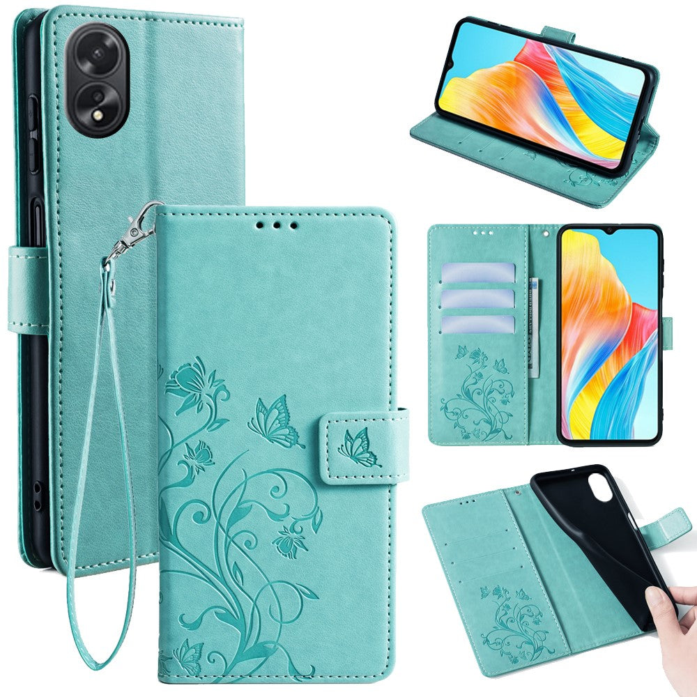 Oppo A38 4G / A18 4G-mobilskal med præget sommerfugleblomst, læder, flipdesign og håndledsrem