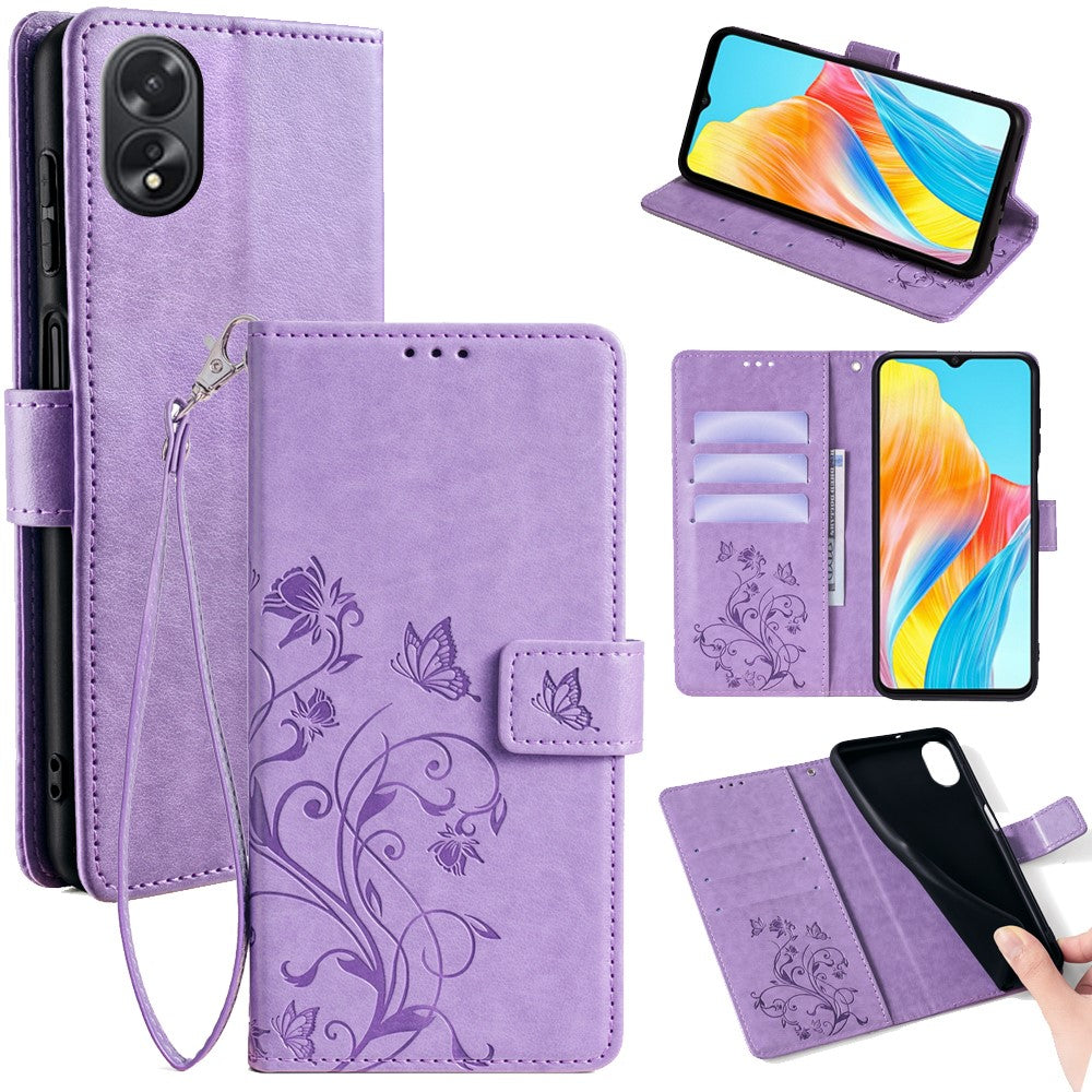 Oppo A38 4G / A18 4G-mobilskal med præget sommerfugleblomst, læder, flipdesign og håndledsrem