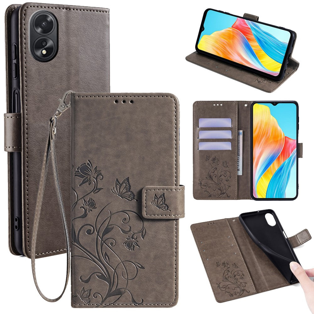 Oppo A38 4G / A18 4G-mobilskal med præget sommerfugleblomst, læder, flipdesign og håndledsrem