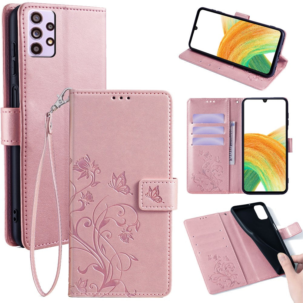 Samsung Galaxy A33 5G-skal med fjärilsmönster i läder och handledsrem