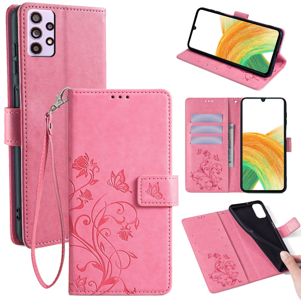 For Samsung Galaxy A33 5G Case Butterfly Flower Pattern Leather Phone Cover with Wrist Strap