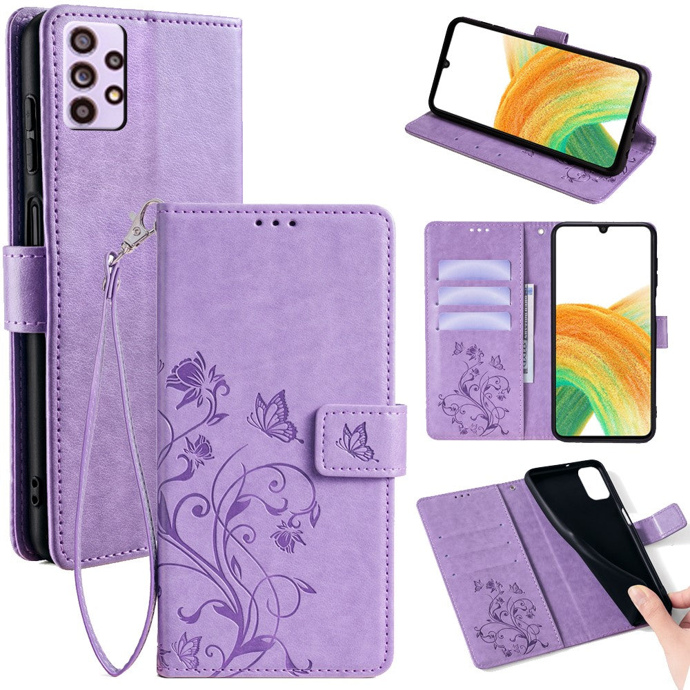 For Samsung Galaxy A33 5G Case Butterfly Flower Pattern Leather Phone Cover with Wrist Strap