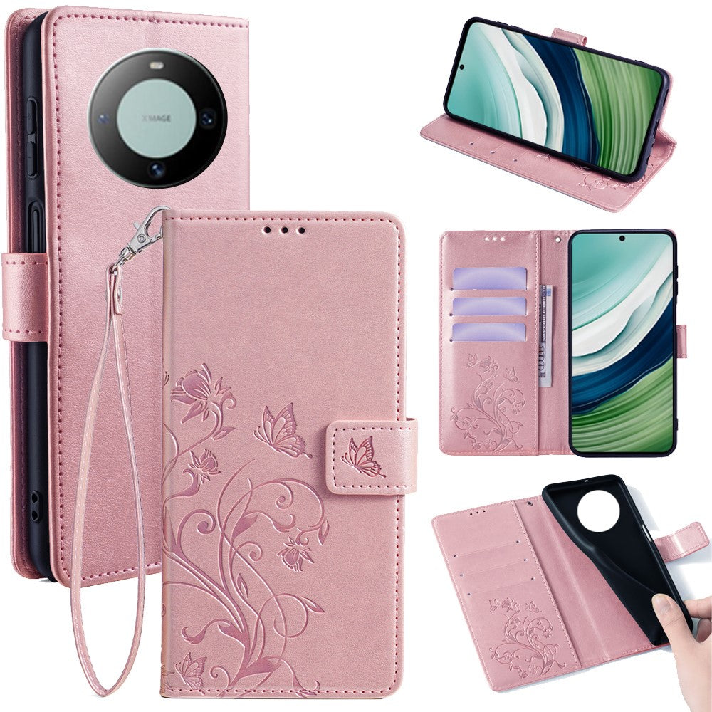For Huawei Mate 60 Case Butterfly Flower PU Leather Stand Magnetic Protective Phone Cover with Strap