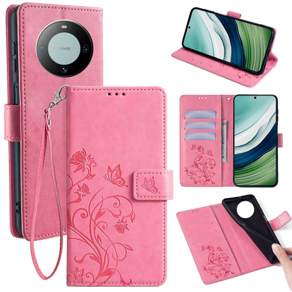 For Huawei Mate 60 Case Butterfly Flower PU Leather Stand Magnetic Protective Phone Cover with Strap
