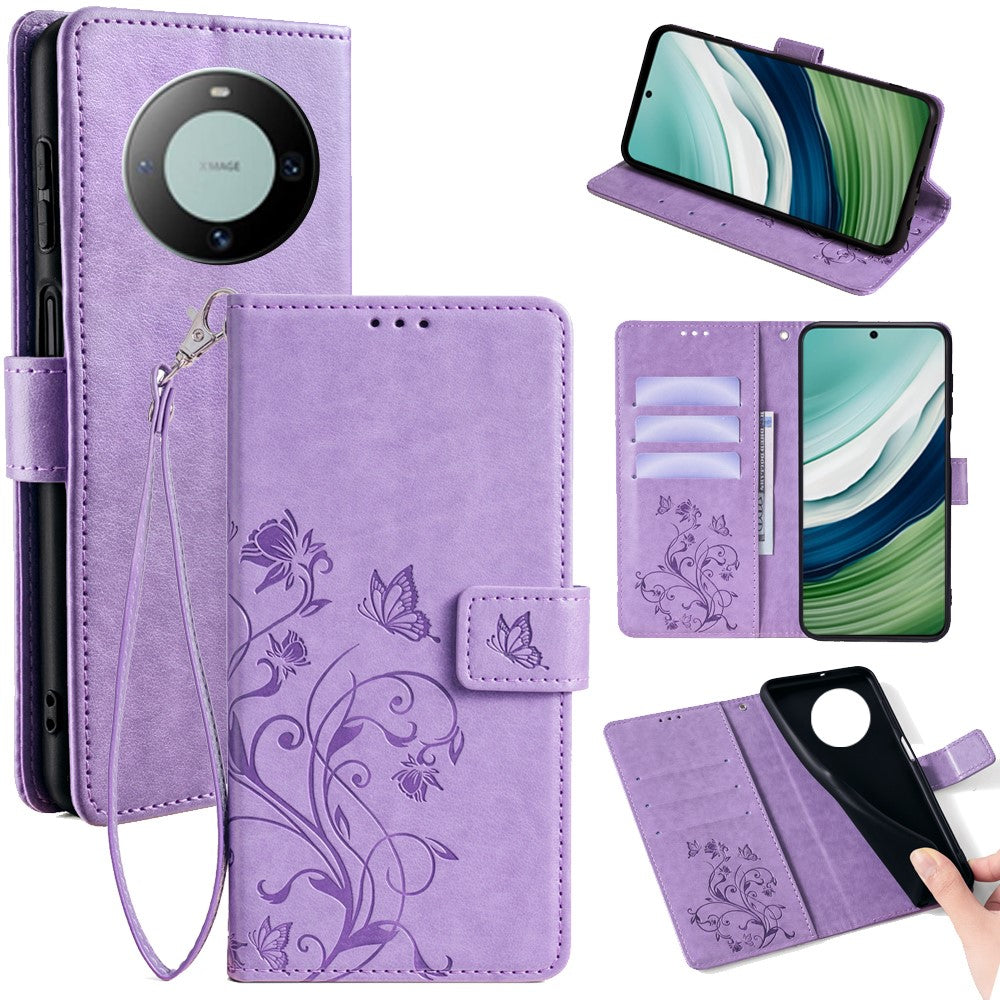For Huawei Mate 60 Case Butterfly Flower PU Leather Stand Magnetic Protective Phone Cover with Strap