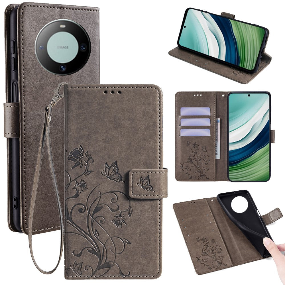 For Huawei Mate 60 Case Butterfly Flower PU Leather Stand Magnetic Protective Phone Cover with Strap