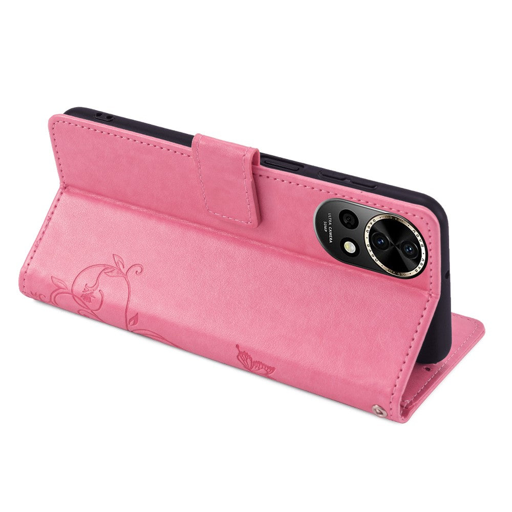 For Huawei nova 12 5G Case PU Leather Stand with Strap Butterfly Flower Wallet Cover