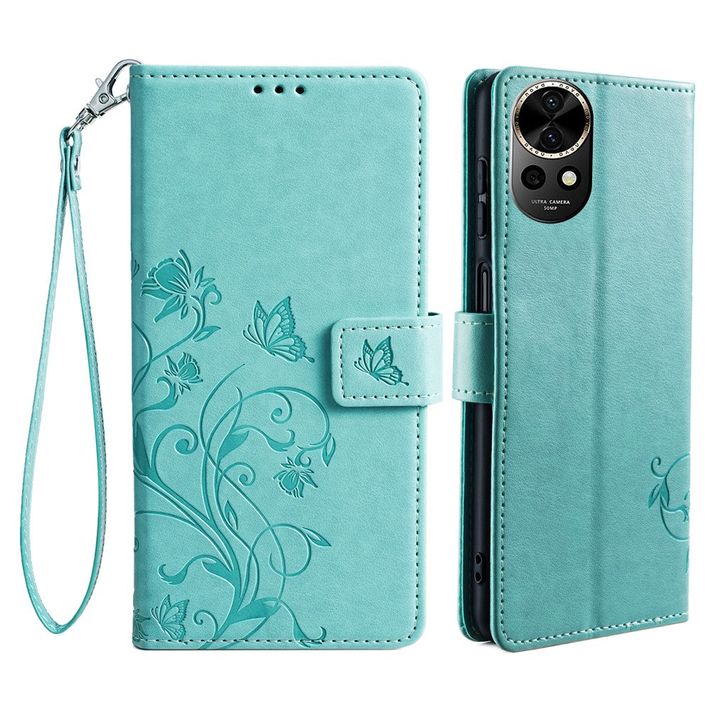 For Huawei nova 12 5G Case PU Leather Stand with Strap Butterfly Flower Wallet Cover