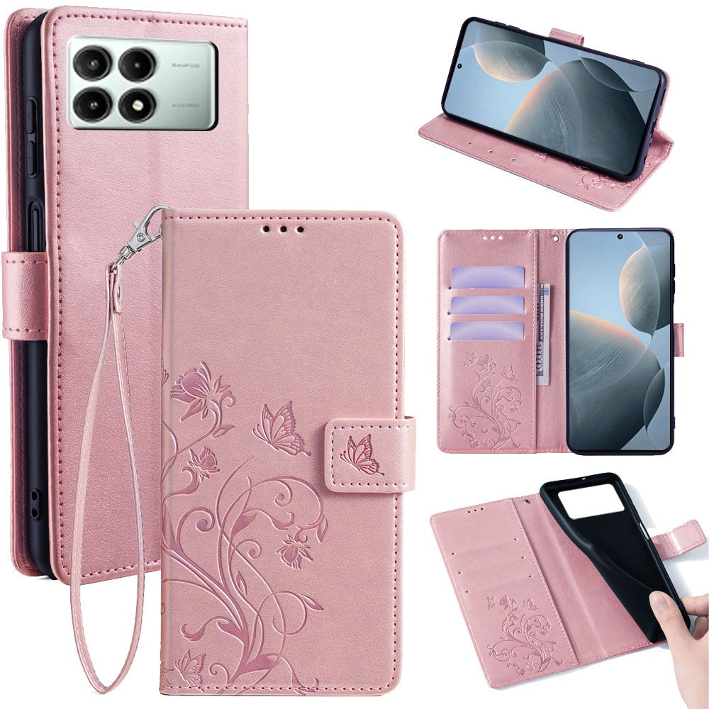 Xiaomi Redmi K70E 5G / Poco X6 Pro 5G Skal Fjärilsblomma PU-läder Handväska mobilskal