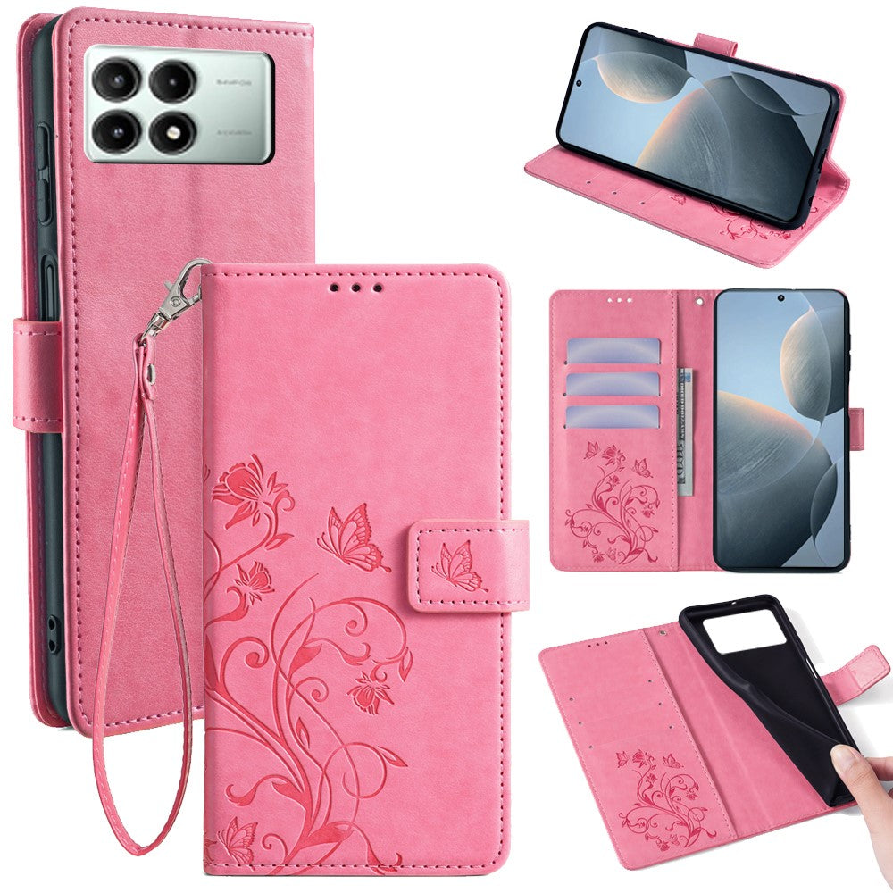Xiaomi Redmi K70E 5G / Poco X6 Pro 5G Skal Fjärilsblomma PU-läder Handväska mobilskal