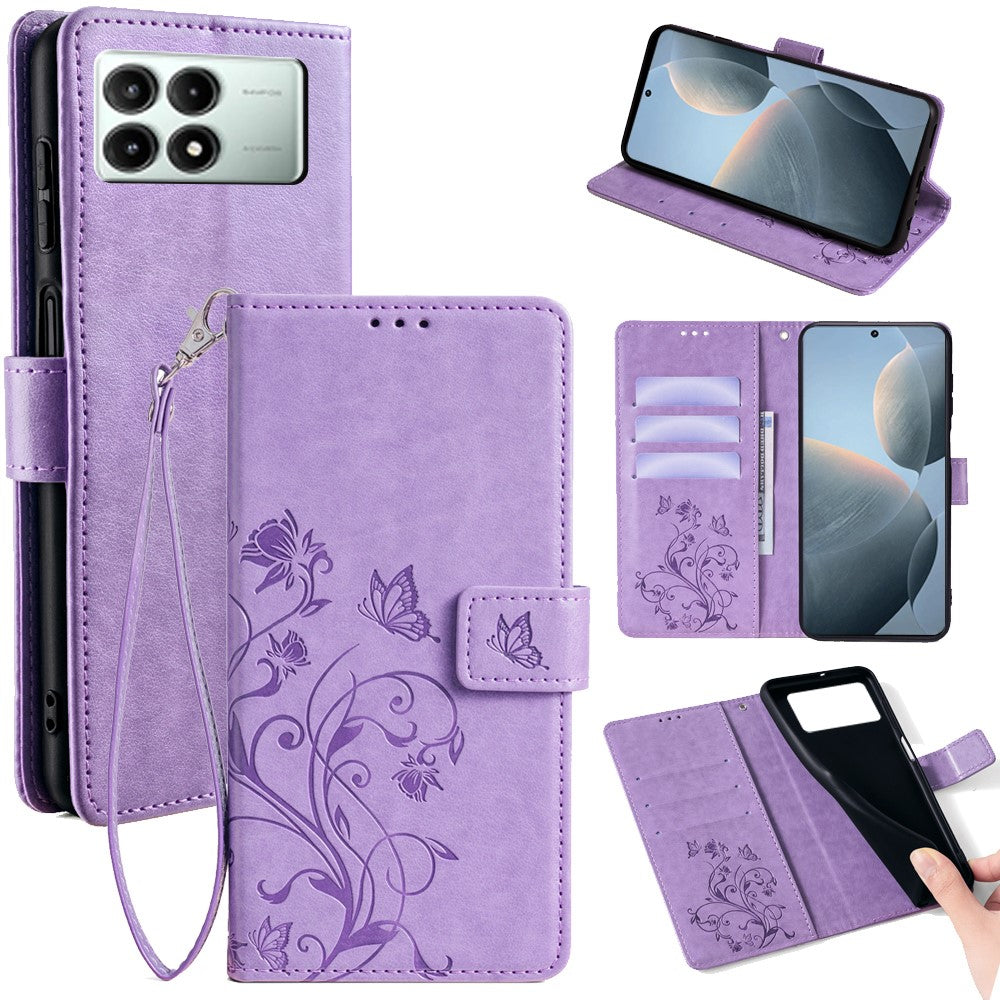 Xiaomi Redmi K70E 5G / Poco X6 Pro 5G Skal Fjärilsblomma PU-läder Handväska mobilskal