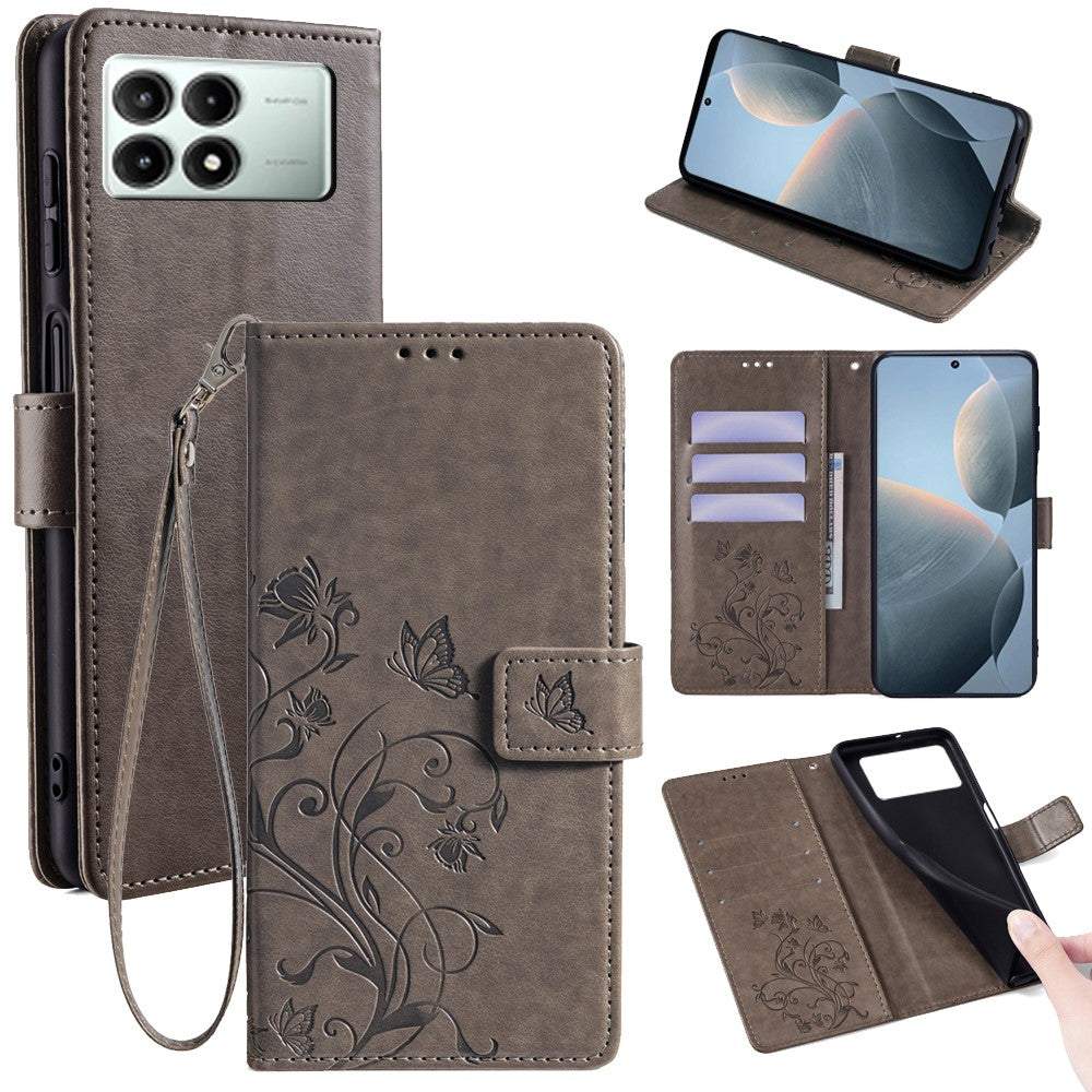 Xiaomi Redmi K70E 5G / Poco X6 Pro 5G Skal Fjärilsblomma PU-läder Handväska mobilskal