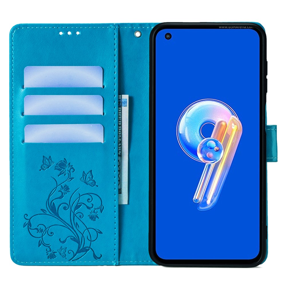 Til Asus Zenfone 9 5G / Zenfone 9z Etui Sommerfugleblomst Præget PU-læder Pung Beskyttende Telefoncover