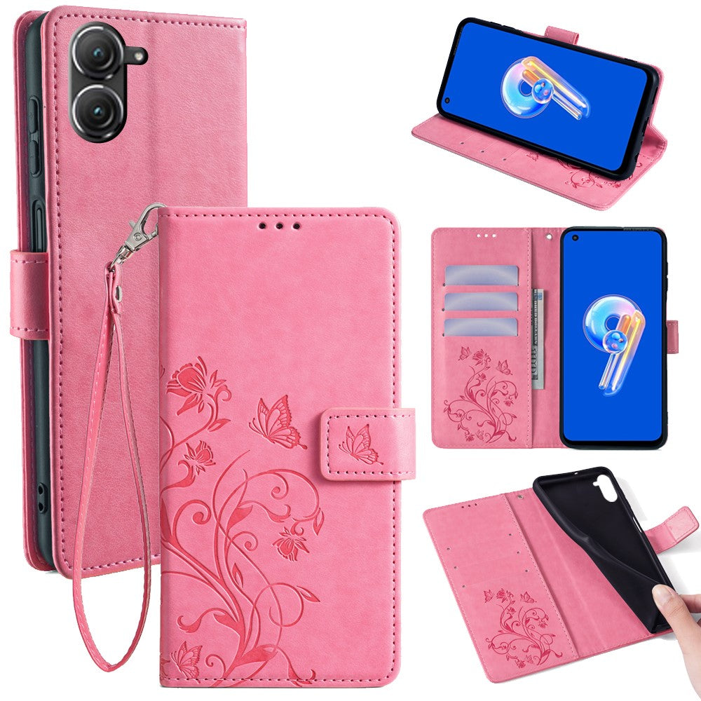 Til Asus Zenfone 9 5G / Zenfone 9z Etui Sommerfugleblomst Præget PU-læder Pung Beskyttende Telefoncover