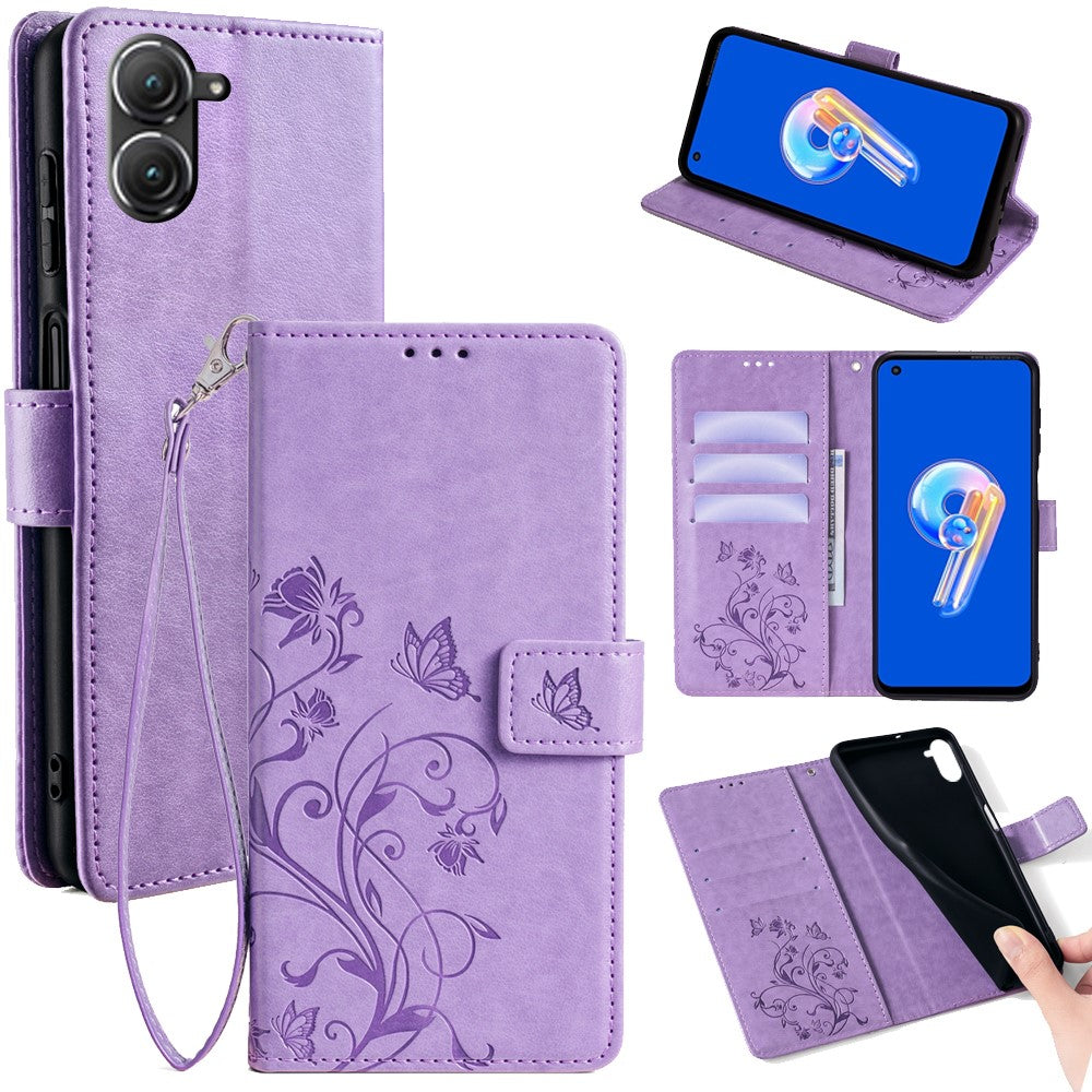 Til Asus Zenfone 9 5G / Zenfone 9z Etui Sommerfugleblomst Præget PU-læder Pung Beskyttende Telefoncover