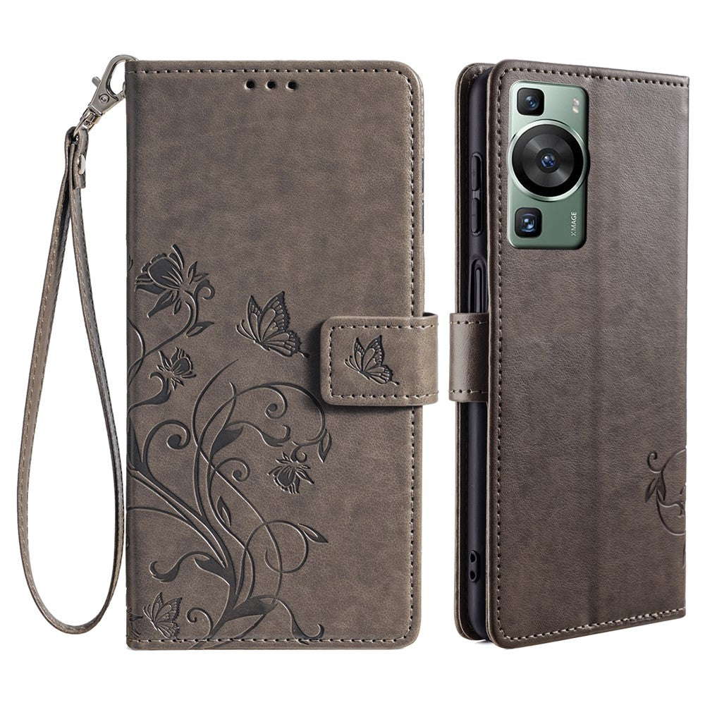 Huawei P60 / P60 Pro Skal Fjärilsblomma PU-läder Stativ Handrem Plånbok Väska mobilskal