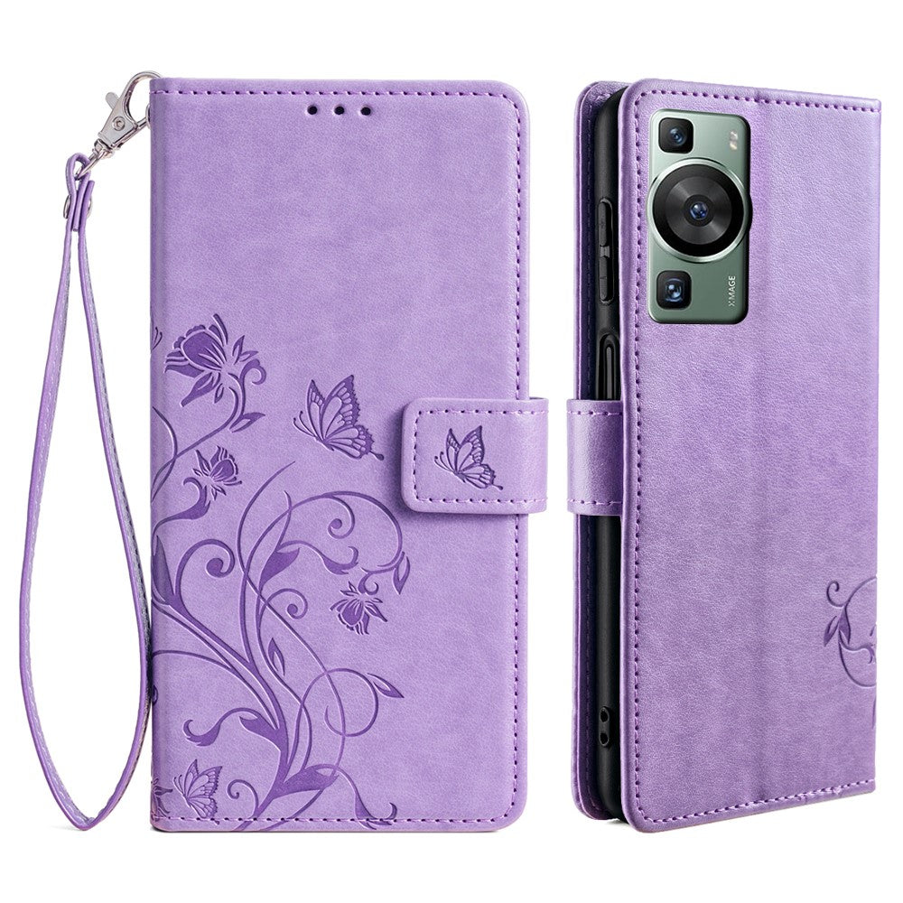 Huawei P60 / P60 Pro Skal Fjärilsblomma PU-läder Stativ Handrem Plånbok Väska mobilskal