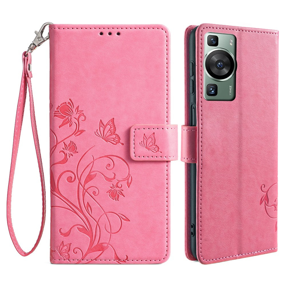 Huawei P60 / P60 Pro Skal Fjärilsblomma PU-läder Stativ Handrem Plånbok Väska mobilskal