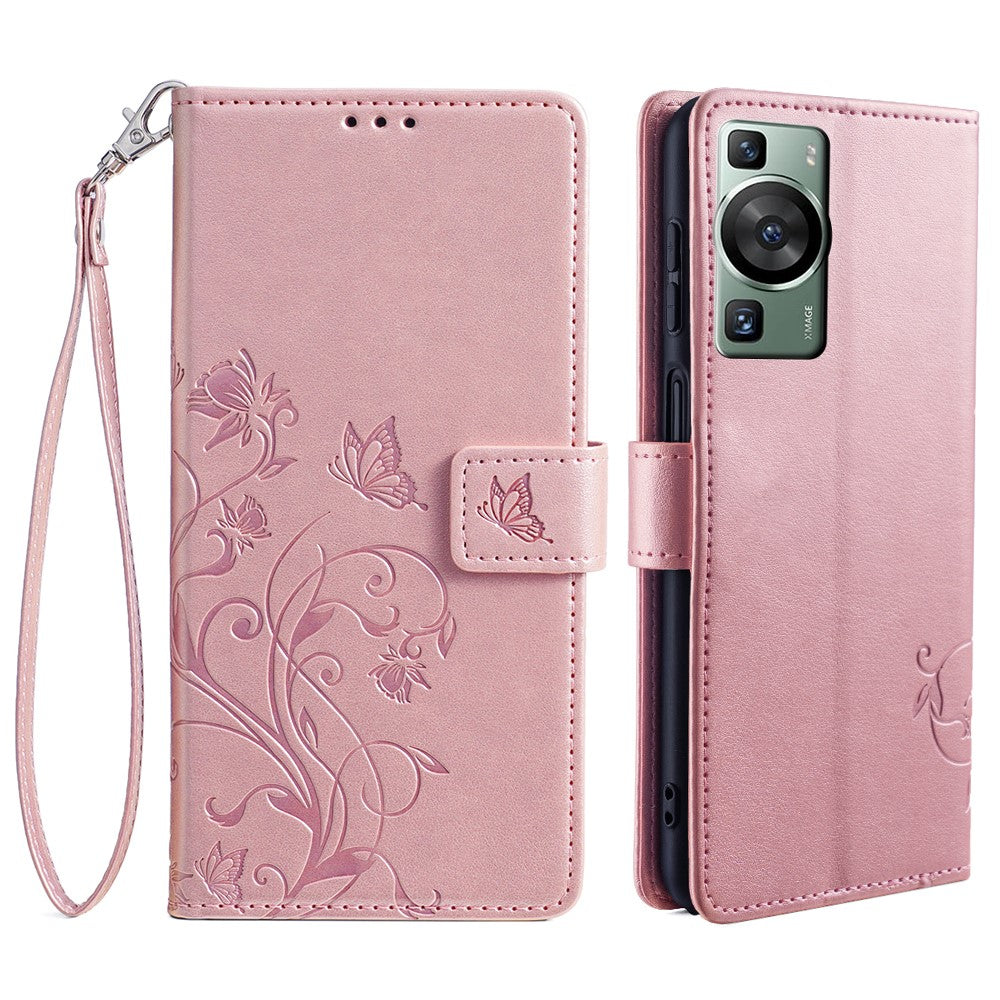 Huawei P60 / P60 Pro Skal Fjärilsblomma PU-läder Stativ Handrem Plånbok Väska mobilskal