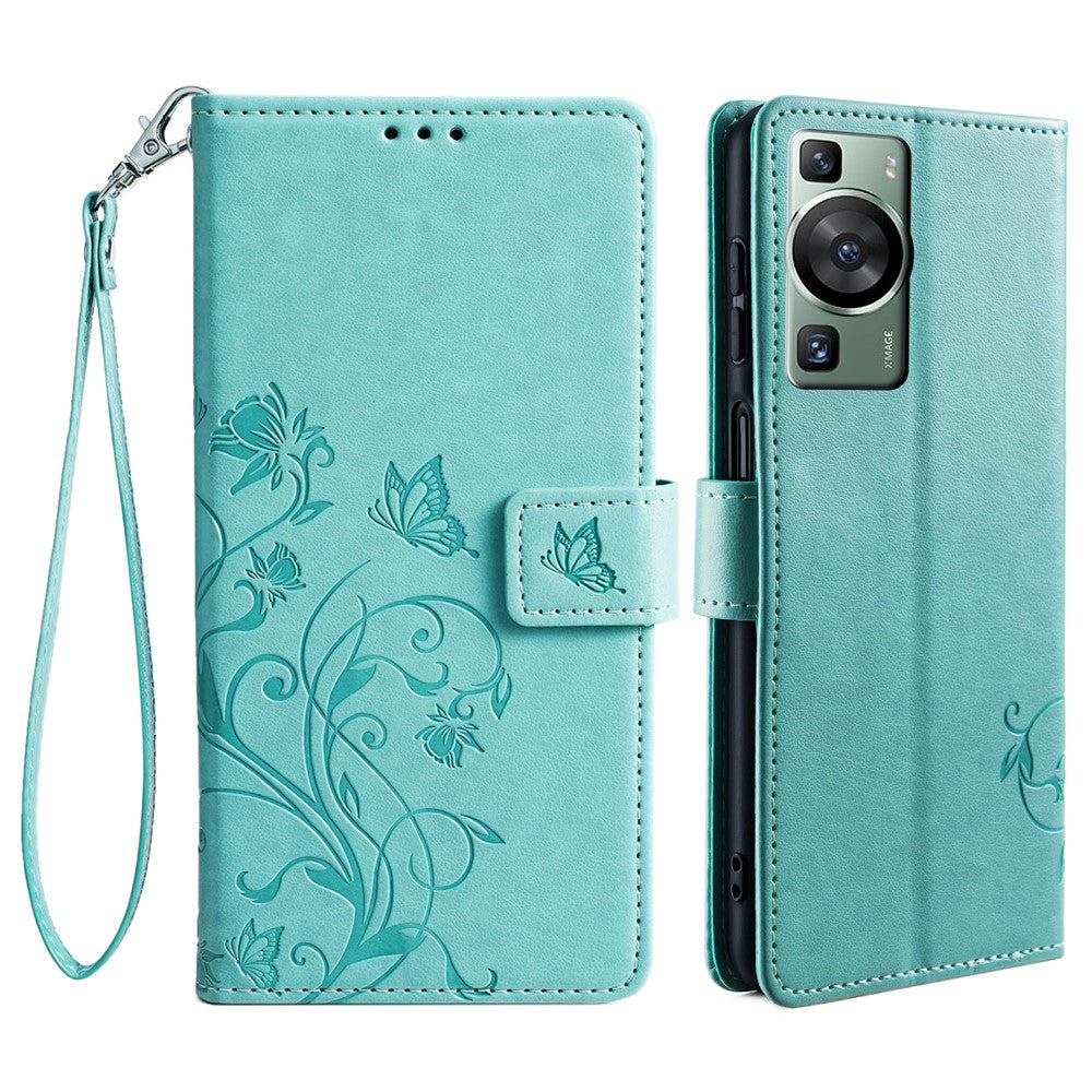 Huawei P60 / P60 Pro Skal Fjärilsblomma PU-läder Stativ Handrem Plånbok Väska mobilskal