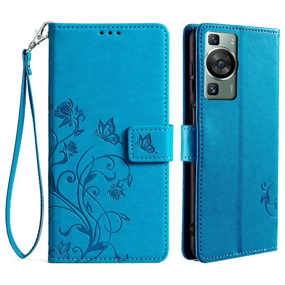 Huawei P60 / P60 Pro Skal Fjärilsblomma PU-läder Stativ Handrem Plånbok Väska mobilskal