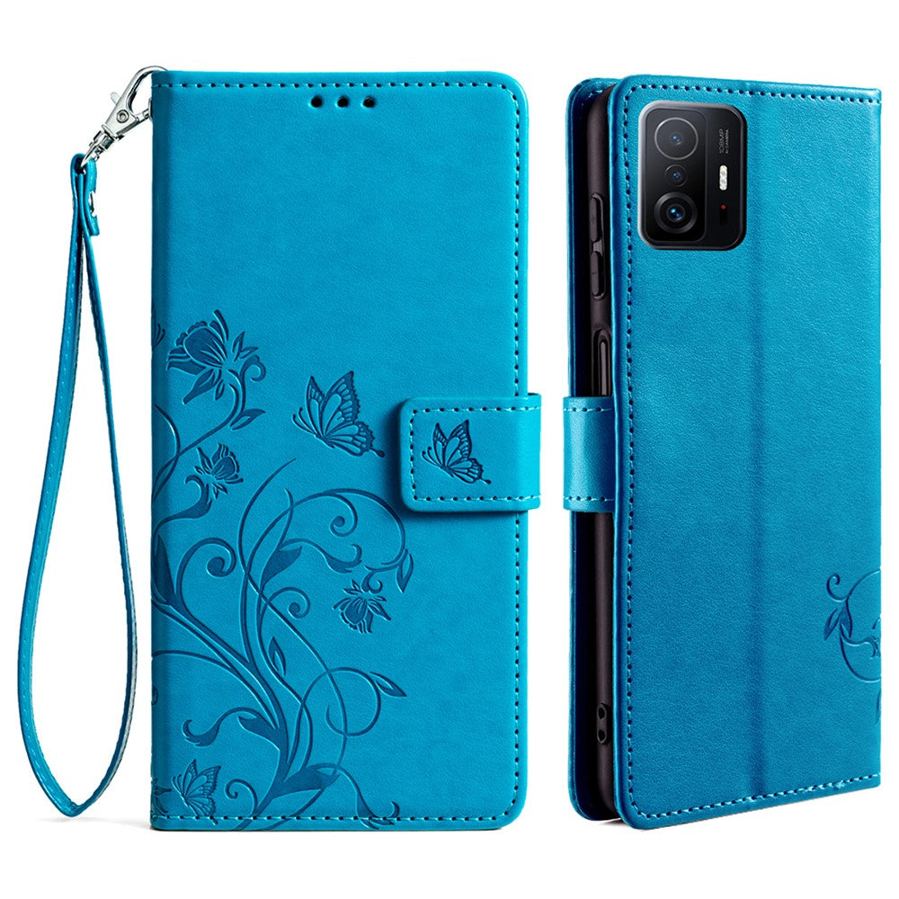 Xiaomi 11T 5G / 11T Pro 5G mobilskal Handledsrem Korthållare Fjärilsblomma Läderfodral