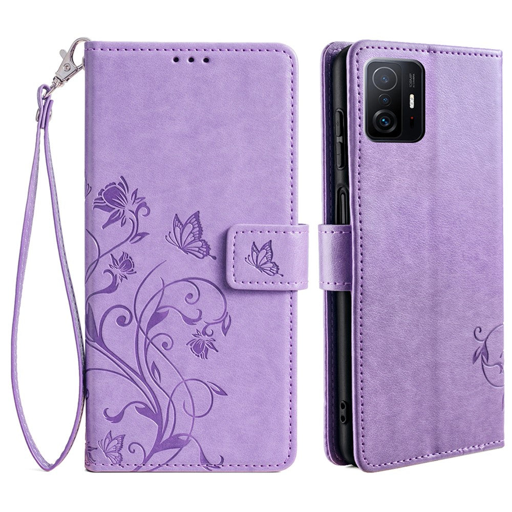 For Xiaomi 11T 5G / 11T Pro 5G Phone Case Wrist Strap Card Slots Butterfly Flower Leather Cover