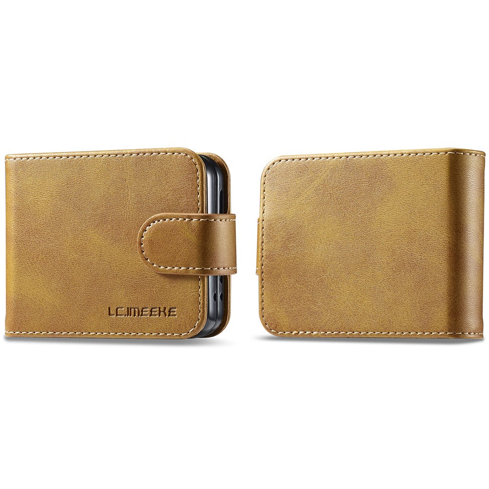 LC.IMEEKE til Samsung Galaxy Z Flip7 FE 5G / Z Flip6 5G etui ridsefast læder+PC kalvestruktur stander telefoncover
