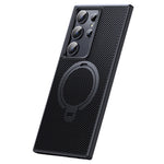 For Samsung Galaxy S23 Ultra Case Magnetic Case Carbon Fiber Texture Kickstand PC+TPU Protective Cover