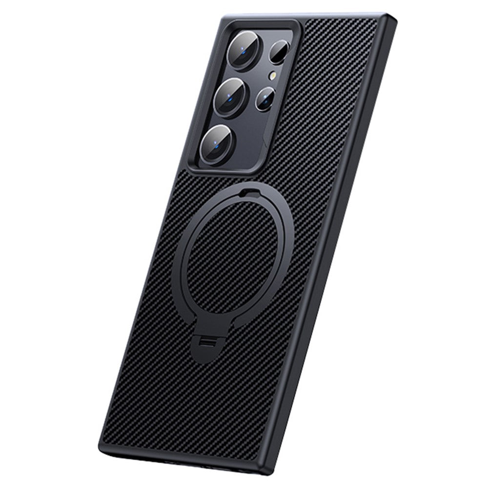 For Samsung Galaxy S23 Ultra Case Magnetic Case Carbon Fiber Texture Kickstand PC+TPU Protective Cover