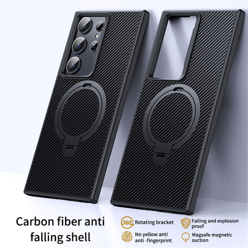 For Samsung Galaxy S23 Ultra Case Magnetic Case Carbon Fiber Texture Kickstand PC+TPU Protective Cover