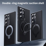 For Samsung Galaxy S23 Ultra Case Magnetic Case Carbon Fiber Texture Kickstand PC+TPU Protective Cover