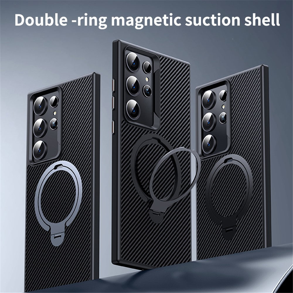 For Samsung Galaxy S23 Ultra Case Magnetic Case Carbon Fiber Texture Kickstand PC+TPU Protective Cover
