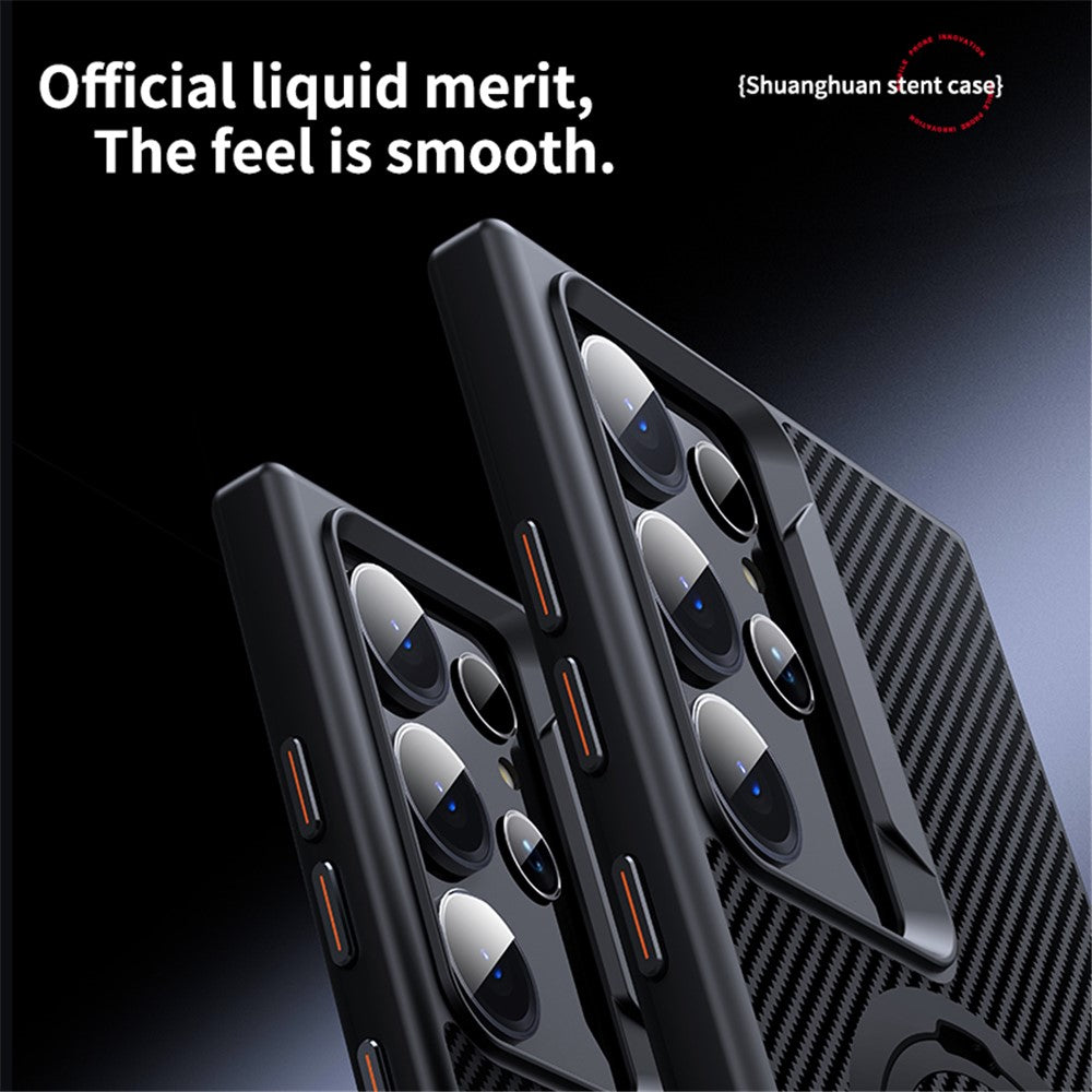 For Samsung Galaxy S23 Ultra Case Magnetic Case Carbon Fiber Texture Kickstand PC+TPU Protective Cover