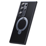 For Samsung Galaxy S23 Ultra Case Magnetic Case Carbon Fiber Texture Kickstand PC+TPU Protective Cover