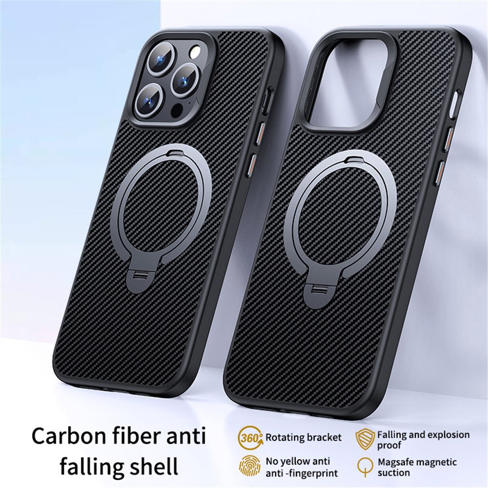 For iPhone 12 / 12 Pro Case Kickstand Protective Cover Carbon Fiber Texture Compatible with MagSafe