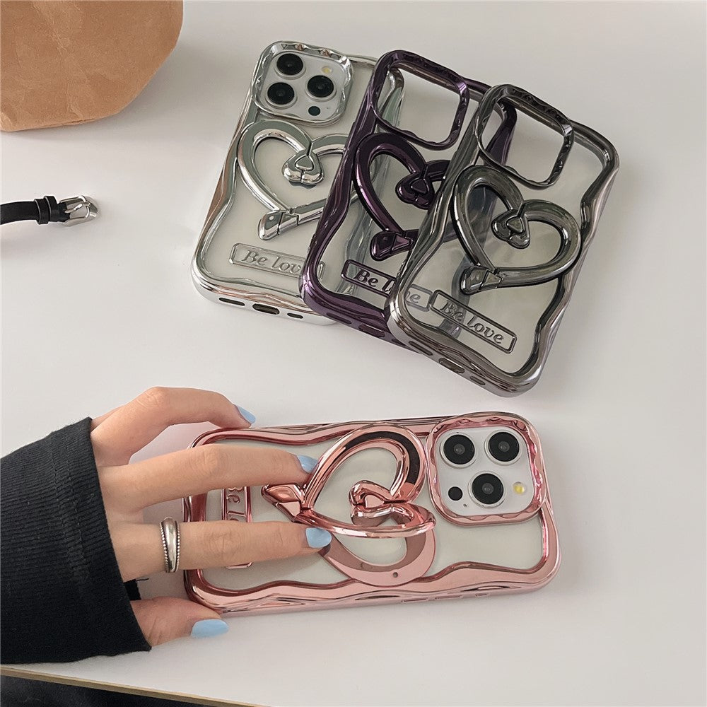 For iPhone 12 Pro Case Stylish Heart Kickstand Phone Cover Electroplated TPU Clear Cell Phone Shell
