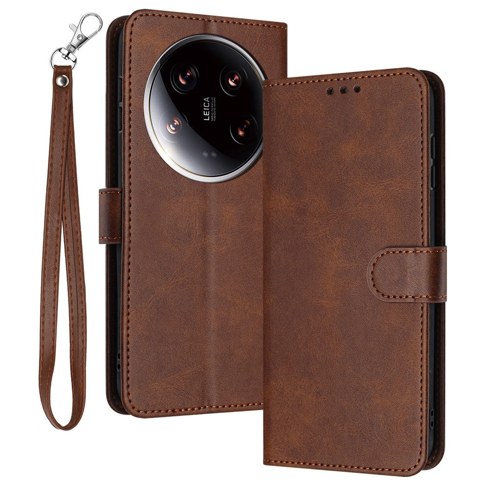 For Xiaomi 14 Ultra Case PU Leather Stand Phone Back Cover with Wrist Strap