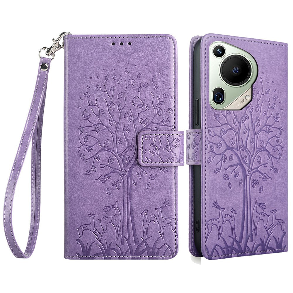 For Huawei Pura 70 Ultra Case PU Leather Wallet Stand Floral Phone Cover with Hand Strap