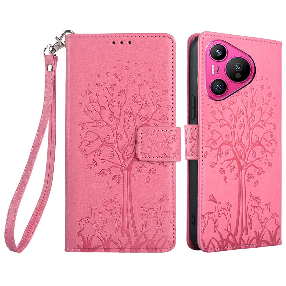 For Huawei Pura 70 Case PU Leather Wallet Phone Cover Tree Deer Imprinted
