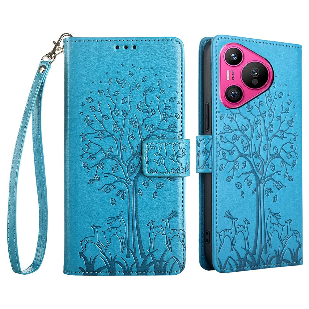 For Huawei Pura 70 Case PU Leather Wallet Phone Cover Tree Deer Imprinted