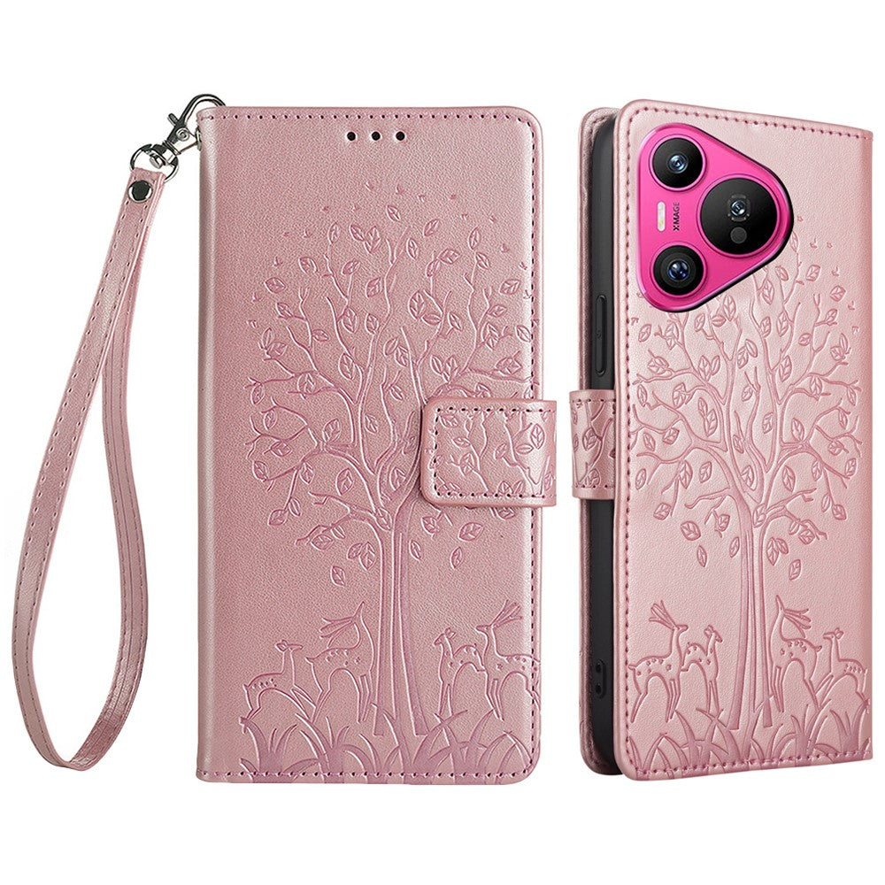 For Huawei Pura 70 Case PU Leather Wallet Phone Cover Tree Deer Imprinted