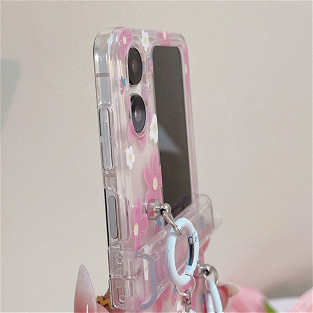For Oppo Find N2 Flip 5G Case Flower Pattern Printing PC Phone Cover with Flower Charm Chain