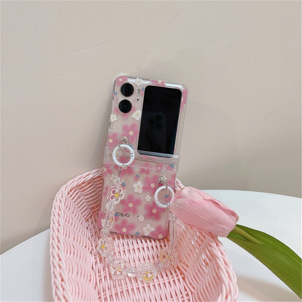 For Oppo Find N2 Flip 5G Case Flower Pattern Printing PC Phone Cover with Flower Charm Chain
