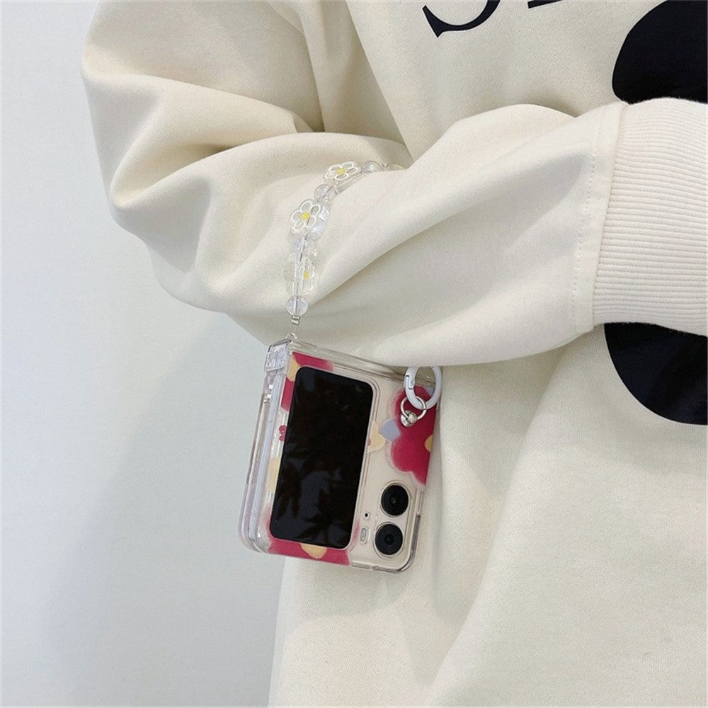 For Oppo Find N2 Flip 5G Case Flower Pattern Printing PC Phone Cover with Flower Charm Chain