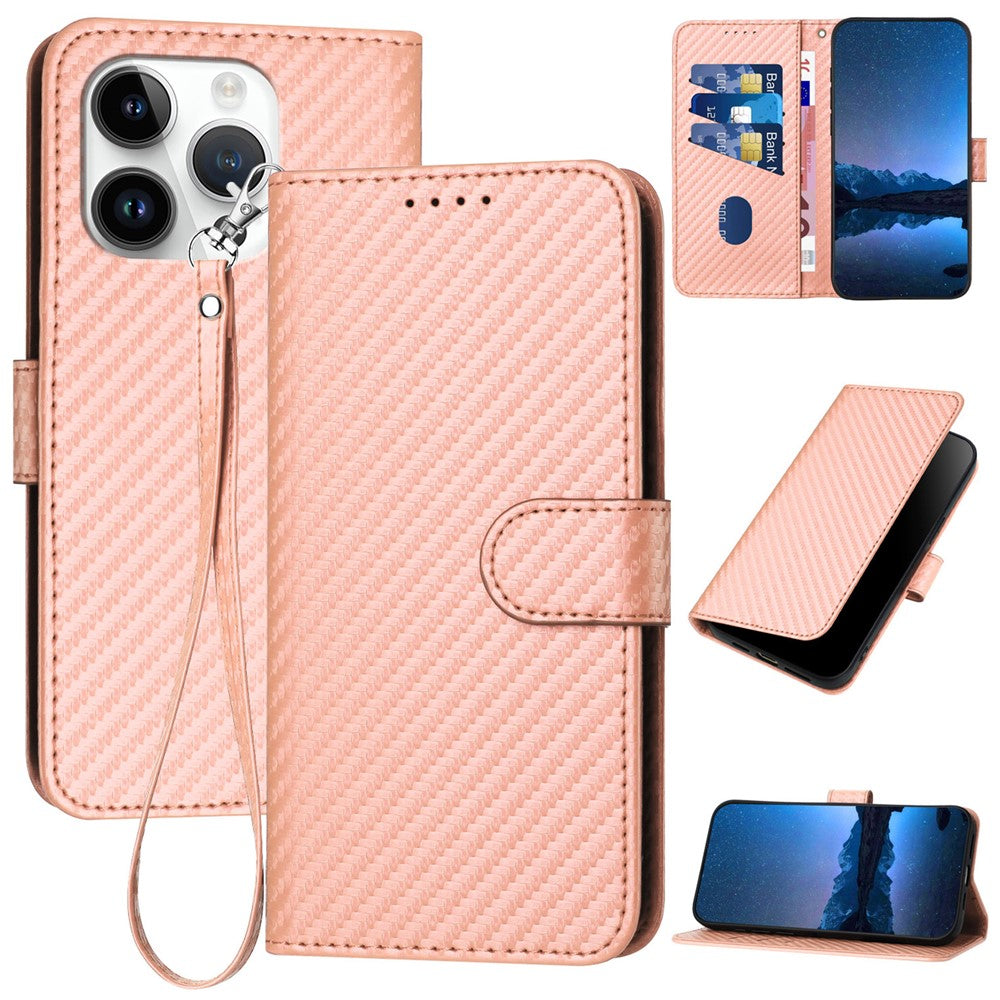 YX0070 For iPhone 15 Pro Multifunction Wallet Phone Case Carbon Fiber Texture PU Leather Phone Stand Cover