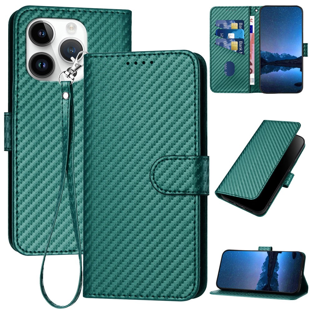YX0070 For iPhone 15 Pro Multifunction Wallet Phone Case Carbon Fiber Texture PU Leather Phone Stand Cover