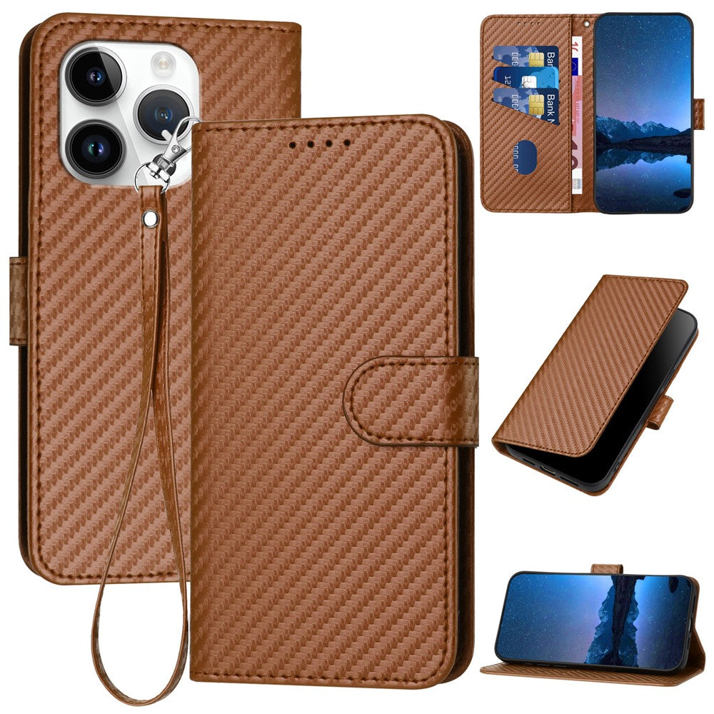 YX0070 For iPhone 15 Pro Multifunction Wallet Phone Case Carbon Fiber Texture PU Leather Phone Stand Cover