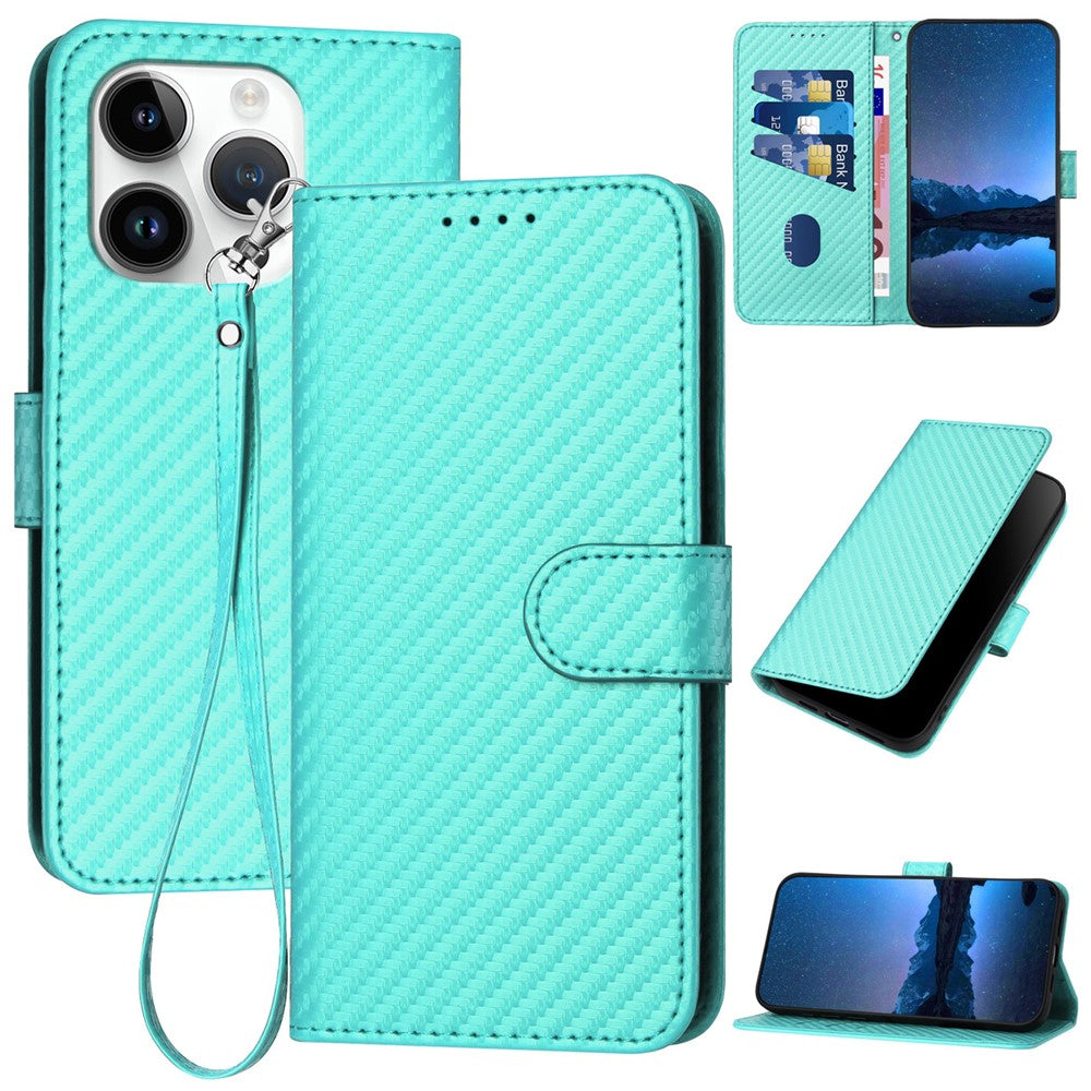 YX0070 For iPhone 15 Pro Multifunction Wallet Phone Case Carbon Fiber Texture PU Leather Phone Stand Cover